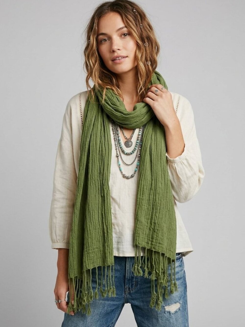 Olive Green Crinkle Gauze Fringe Long Scarf Lightweight Boho Wrap